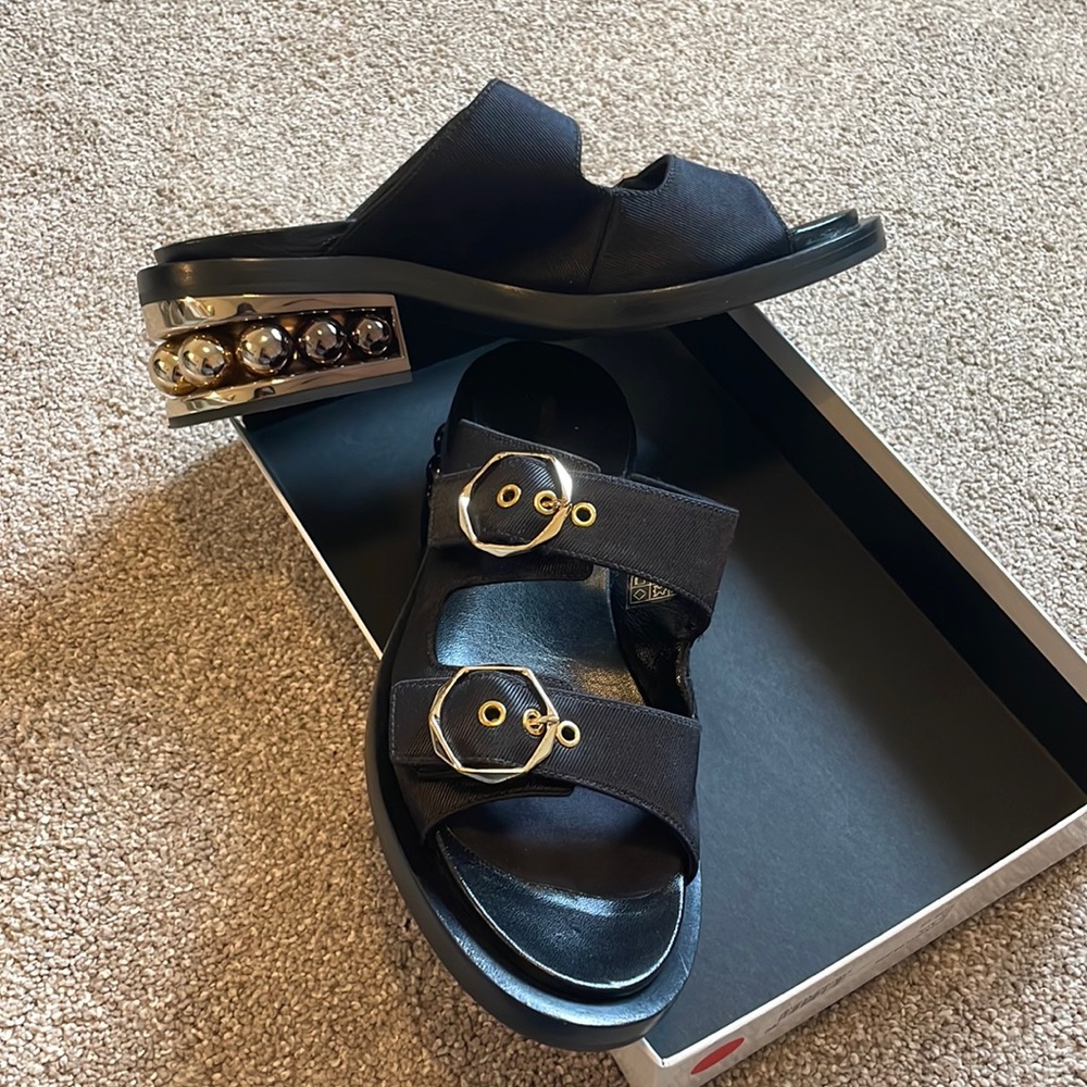 Nicholas Kirkwood black satin Pearl Heel Slide Sandals Size 40